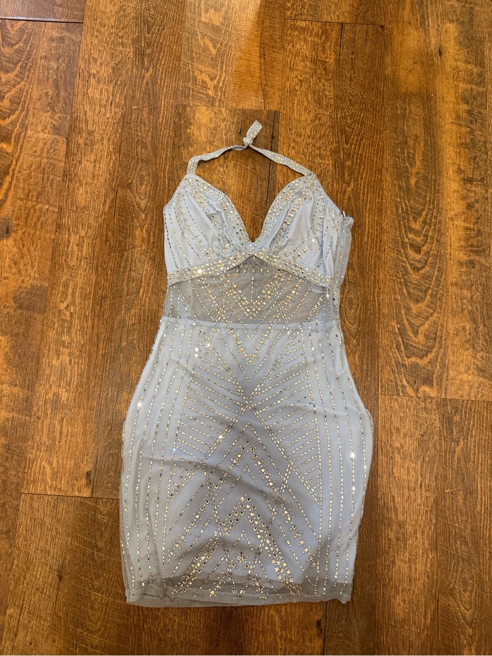 Light Blue Rhinestone Halter Mini Dress Sheer Corset Bodycon Formal Party Dress